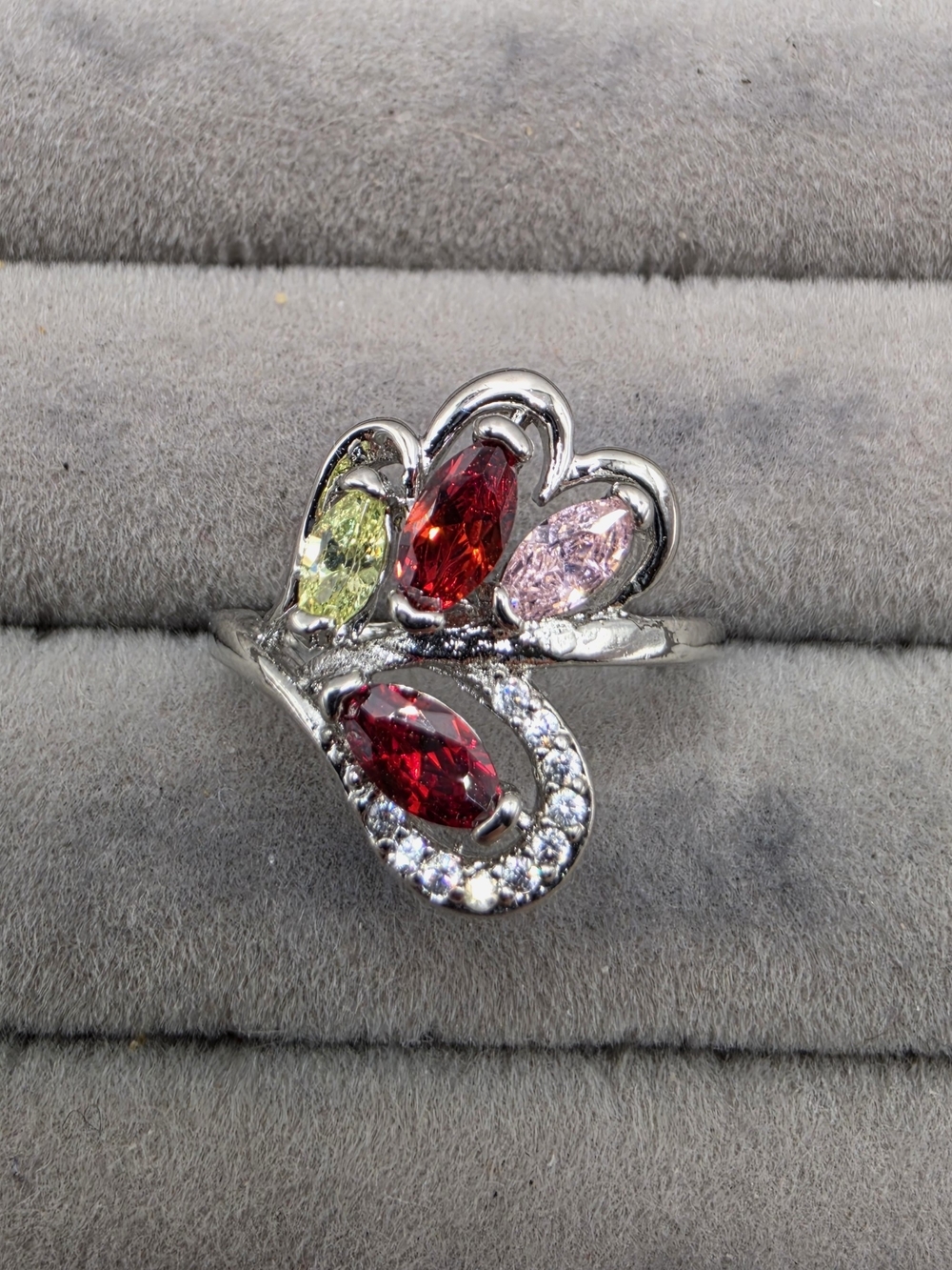 Multi-Gem Silver Floral Ring with Red, Pink & Green Stones